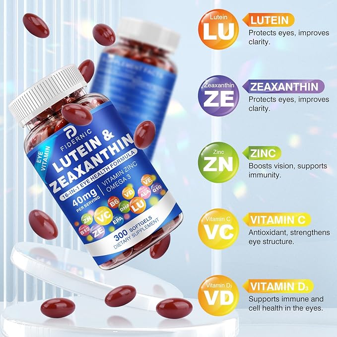 Lutein and Zeaxanthin Supplement - AREDS 2 Plus+ Eye Vitamins, 40 mg Lutein & 8 mg Zeaxanthin with Vitamins C, E, Zinc, Omega-3 & CoQ10 for Blue Light Protection, Eye Health Support  - 300 Softgels