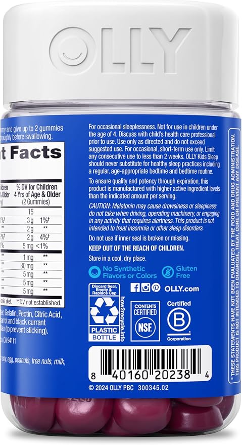 OLLY Kids Sleep Gummy, Occasional Sleep Support, 0.5mg Melatonin, L Theanine, Chamomile, and Lemon Balm Extracts, Childrens Chewable Supplement, Raspberry Flavor - 90 Count