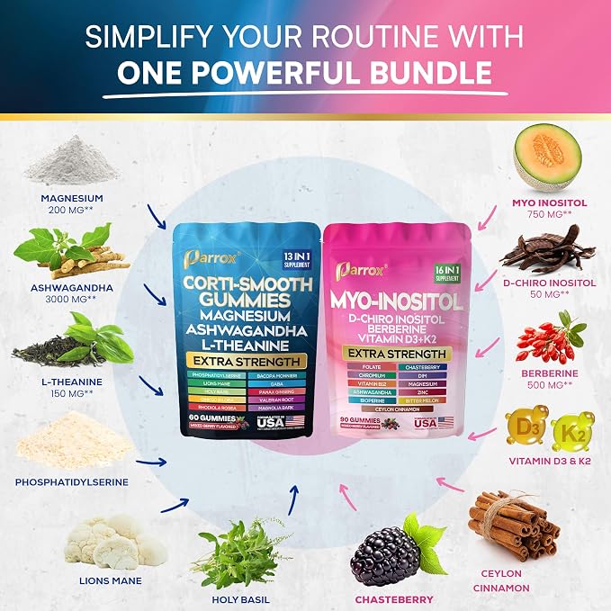 Cortisol & Myo-Inositol Gummies, Berberine, Soothe & Smooth, 2 Pack | With D-Chiro Inositol, Berberine, Magnesium, Ashwagandha, L-Theanine, Vitamins D3+K2 & B12, Folate, Zinc