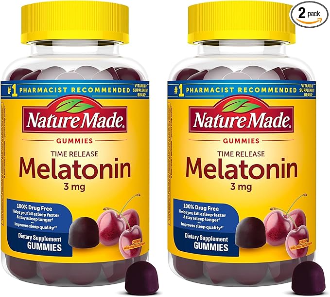 Nature Made Time Release Melatonin 3mg Gummies,100% Drug Free Sleep Aid for Adults,60 Melatonin Gummies,60 Day Supply,(Pack of 2)
