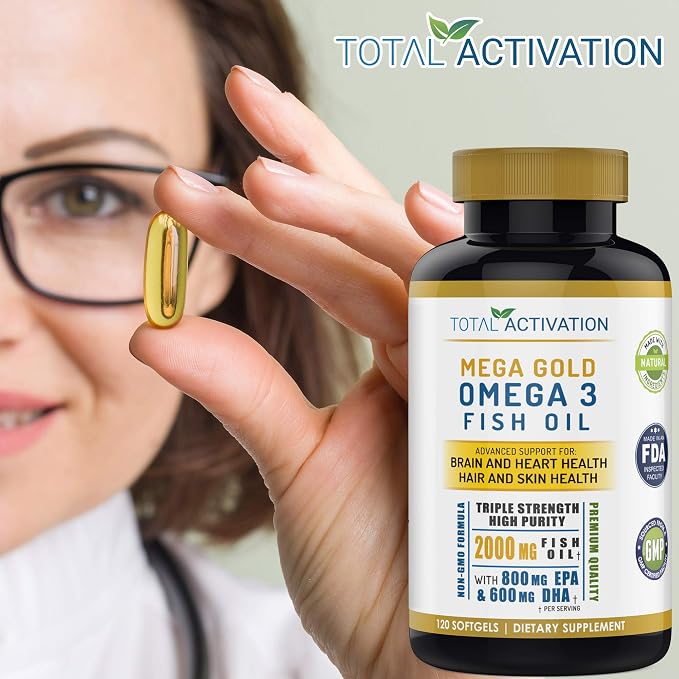 Omega 3 Fish Oil Supplement – 2000mg with EPA DHA & Vitamin E – Burpless, Triple Strength Support for Men & Women – 120 Easy Swallow Softgels