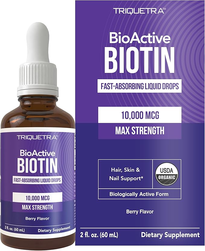 Liquid Biotin 10,000mcg Drops for Women – Organic USP Grade Dietary Supplement – High-Absorption Formula – Supports Healthy Hair, Skin & Nails – Natural Berry Flavor – 180 Servings, 2 oz
