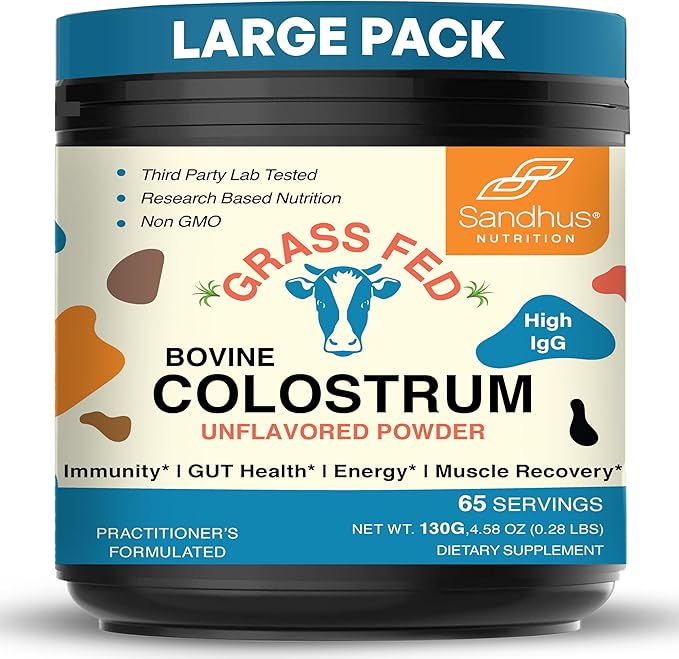 Sandhu's Grass Fed Bovine Colostrum Powder for Humans, Adults | 65 Servings (Pack of 1) Cows Supplement | High IgG for Gut Health | Immunity & Muscle Recovery Support | Unflavored | for Men & Women
