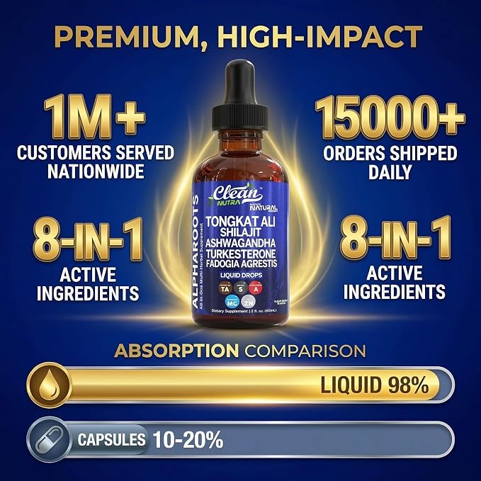 Tongkat Ali Liquid Drops Shilajit, Ashwagandha, Turkesterone, Fadogia Agrestis, Magnesium, Irish Sea Moss, and Zinc Herbal Supplement by Clean Nutra