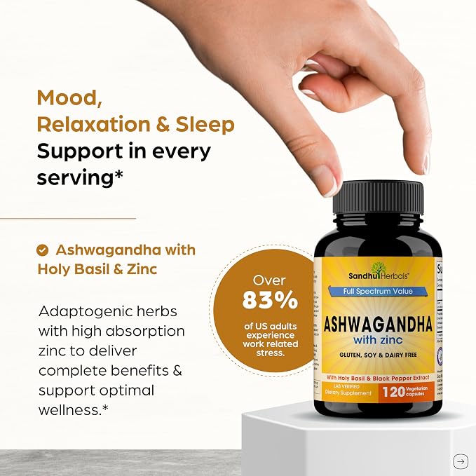 Organic Ashwagandha Capsules 120 Count | 4 in 1 with Zinc, Black Pepper & Holy Basil Extract | Immune Health, Extra Strength Stress, Mood & Energy Support | Non-GMO | For Men & Women | 2 Month Supply