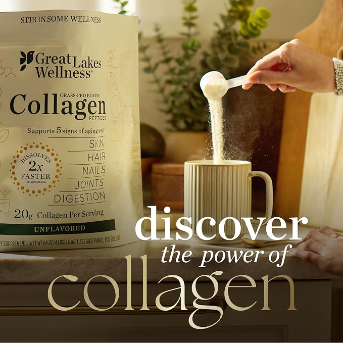 Great Lakes Wellness Collagen Peptides Powder – Supports Skin, Hair, Nails, Joints & Digestion – Hydrolyzed, Quick Dissolve, Non-GMO, Keto & Kosher – Unflavored, Pure Collagen Protein (20 Servings)