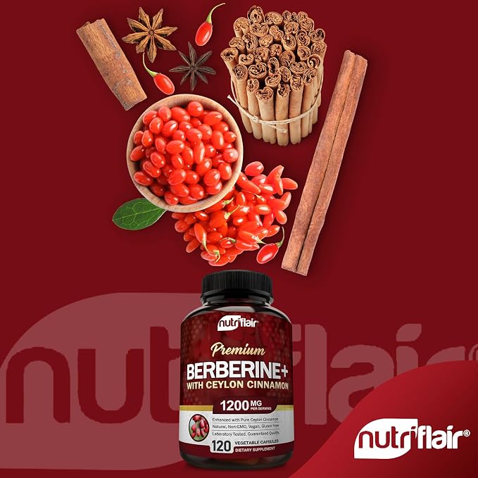 NutriFlair Premium Berberine HCL 1200mg, 120 Capsules - Plus Pure True Ceylon Cinnamon, Berberine HCI Root Supplements Pills - Immune System - Made in USA