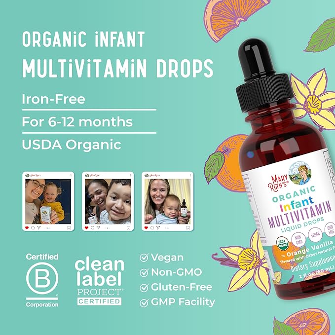 MARYRUTH'S Organics Multivitamin for Infants | USDA Organic | Multivitamin Liquid Drops for Babies 6-12 Months | Immune Support & Overall Wellness | Vegan | Non-GMO | Gluten Free | 2 Fl Oz