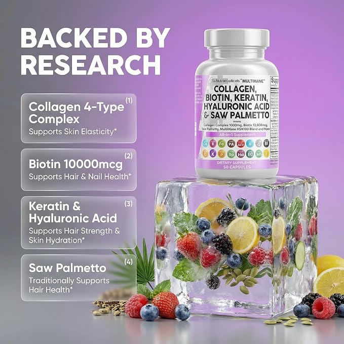 Clean Nutraceuticals Collagen Pills 1000mg Biotin 10000mcg Keratin Saw Palmetto Hyaluronic Acid - Hair Skin & Nails Vitamins & DHT Blocker with Vitamin E Folic Acid Pumpkin Seed MSM - 90 Count