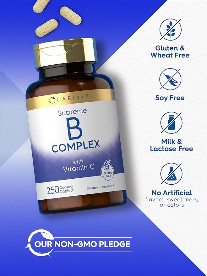 Carlyle Vitamin B Complex for Women and Men | 250 Caplets | with Vitamin C | Vegetarian, Non-GMO, and Gluten Free Supplement