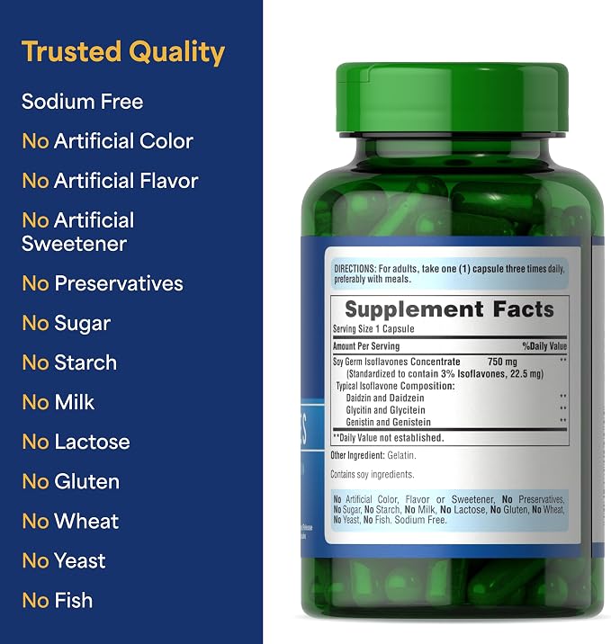 Puritan's Pride Non-GMO Soy Isoflavones 750mg, Dietary Supplement with Active Daidzein, Genistein, and Glycitein Supports Menopause and Hot Flashes, 120 Rapid Release Capsules (Pack of 2)