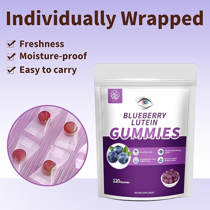 Blueberry Lutein Gummies with 120 Count - 2 Month Supply, Eye Health Support Supplement for Kids and Adult, Contains Blueberry Juice (30 mg/Gummy) & Lutein (20 mg/Gummy)