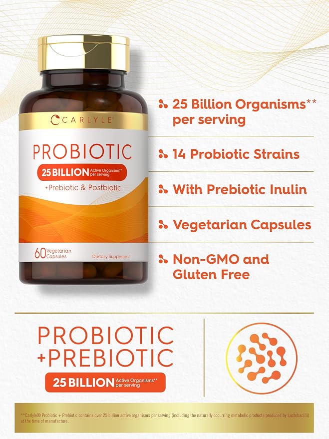 Carlyle Probiotic with Prebiotics & Postbiotics | 25 Billion CFU | 60 Capsules | Supplement for Women & Men | Powder Pills | Vegetarian, Non-GMO & Gluten Free