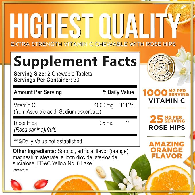 Vitamin C 1000mg Per Serving - Extra Strength with Rose Hips Bioflavonoids - Sugar Free Vitamin C Chewable Pills, Vit C Supplement for Immune Support & Antioxidant, USA Bottled - 60 Chewable Tablets