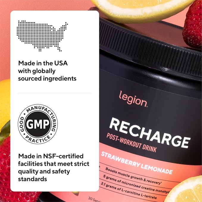 LEGION Recharge Post Workout Supplement - All Natural Muscle Builder & Recovery Drink with Micronized Creatine Monohydrate. Naturally Sweetened & Flavored, Safe & Healthy. (Grape, 60 Serving)