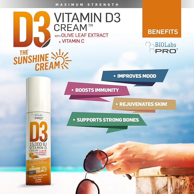 BIOLABS PRO All Natural Vitamin D3 15000IU Vitamin D Cream - Maximum Strength - Fight Vitamin D Deficiency Naturally - with Vitamin K2 & Olive Leaf Extract - Safe & Effective (15,000IU - 3.0oz)