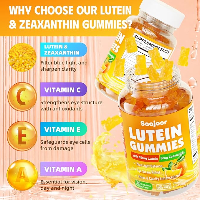 Lutein & Zeaxanthin Gummies - Eye Vitamin Supplement with 40mg Lutein & 8mg Zeaxanthin to Support Macular, Vision & Overall Eye Health, Naturally Orange Flavor, 60 Count