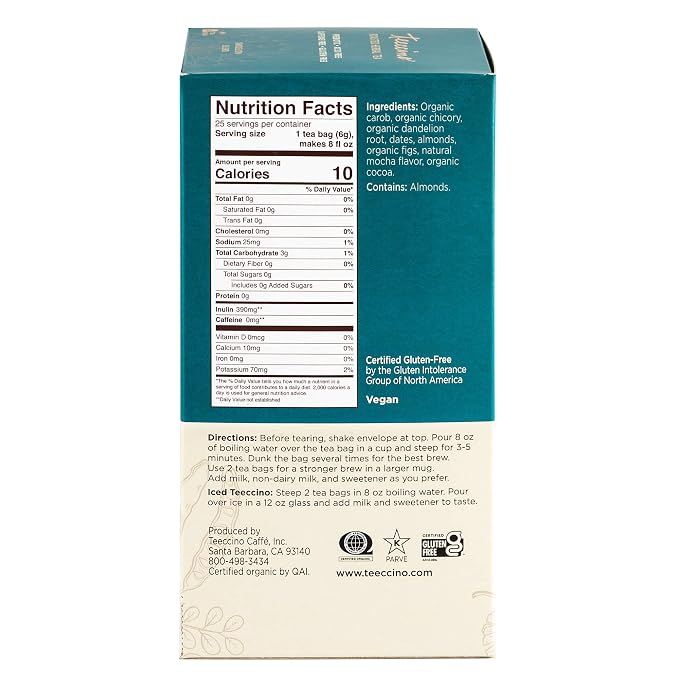 Teeccino Dandelion Mocha Tea - 25 Tea Bags - Caffeine-Free, Roasted Herbal Tea with Prebiotics, 3x More Herbs than Regular Tea Bags - Gluten-Free, Acid-Free Coffee Alternative, (Pack of 3)