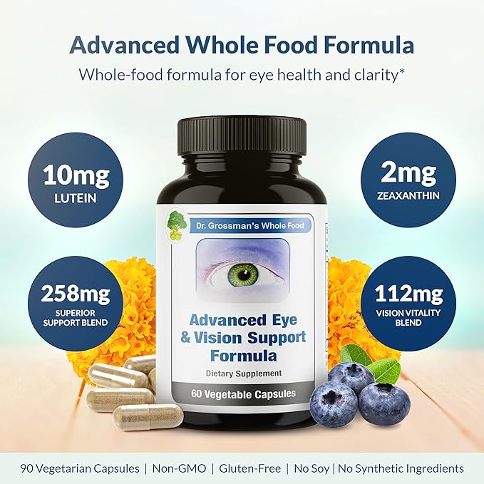 Dr. Grossman’s Whole Food Advanced Eye & Vision Support Formula – Eye Supplement with Lutein, Zeaxanthin, Bilberry & Prickly Pear – Natural Supplement Blend for Eye Health & Clear Vision – 60 Capsules