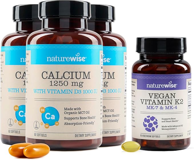 (Pack of 3) NatureWise Calcium 1250mg + D3 1000IU + Organic MCT Oil - 60 Softgels[30-Day Supply] + [1] Vitamin K2 - MK-7 100mcg + MK-4 500mcg - Non-GMO - 90 Softgels[3-Month Supply]
