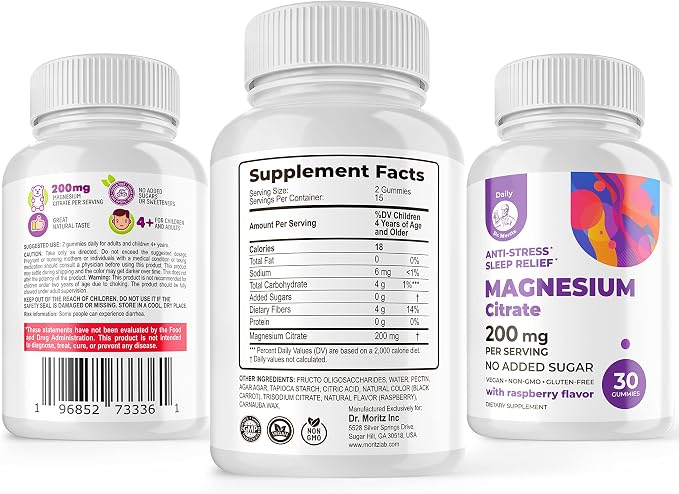 DR. MORITZ Magnesium Citrate Gummies for Adults - Sugar-Free Calm Magnesium Gummies - Supports Cardiovascular Health- Raspberry Flavor - Non-GMO, 200 mg (30 Count)