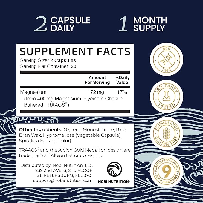 Magnesium Glycinate 400mg | High Absorption Magnesium for Sleep, Calm, Muscle Relaxation, Heart, Bone & Nerve Support for Women & Men | Advanced Microbeadlets | Chelated Mag Glycinate | 60 Ct.