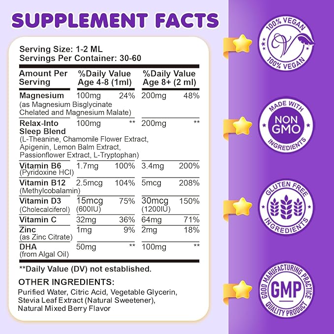 Magnesium Glycinate Liquid for Kids - Magnesium Bisglycinate Drops with L-Theanine, Chamomile & Vitamin B6, B12, C, D3 for Sleep, Relaxation, Immune Support, Calm & Focus - 2 Fl Oz, Mixed Berry Flavor