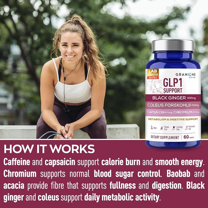 Granions GLP-1 Support Supplement - Metabolism, Gut Health, Digestive Support - Fermented Black Ginger, Coleus Forskohlii, Chromium, Capsaicin, Caffeine - Vegan, Gluten Free Supplements - 60 Tablets