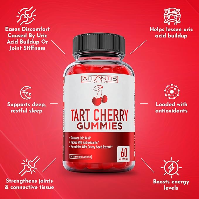 Atlantis Nutrition Tart Cherry Gummies with Celery Seed Extract - Advanced Uric Acid Cleanse for Immediate Relief | Joint Relief & Recovery | Powerful Antioxidant with Joint Support - 60 Gummies