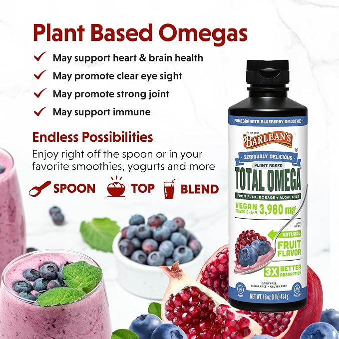 Barlean's Vegan Omega 3 6 9 Flaxseed, Borage and Algae Oil Liquid Supplement, Pomegranate Blueberry, 3,980 mg GLA, EPA and DHA Fatty Acid, Vegan, 16 oz