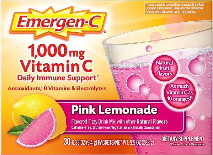 Emergen-C 1000mg Vitamin C Immune Support Powder Pink Lemonade 30CT includes Zinc, Manganese, 7 B Vitamins and Electrolytes for Back to School Essentials