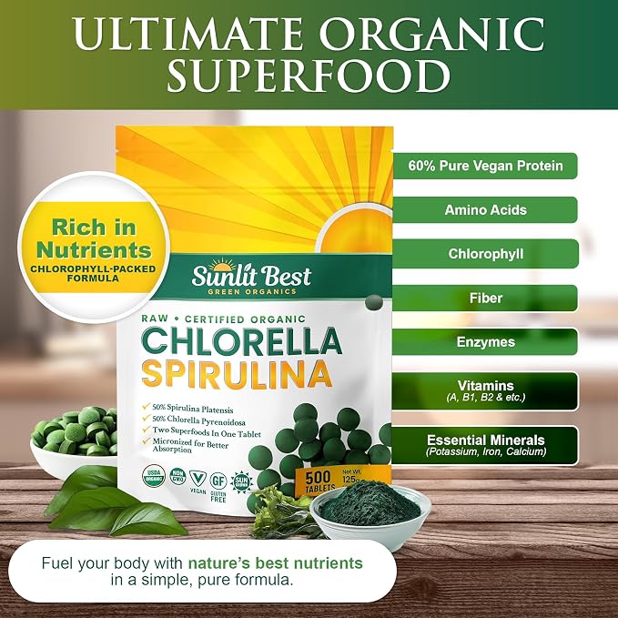 Sunlit Best Chlorella Spirulina Tablets - Organic USDA, Premium Spirulinas and Chlorella Capsules 500 Pills - Chlorellas Natural Superfood with Spirulina Algae, Enzymes Chlorophyll & Vegan Protein