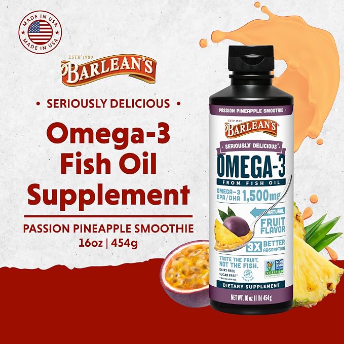 Barlean's Omega 3 Fish Oil Liquid Supplement for Men and Women, 1500mg of EPA and DHA Fatty Acid, Promotes Brain & Heart Health - Non-GMO, Passion Pineapple Smoothie, 16 oz