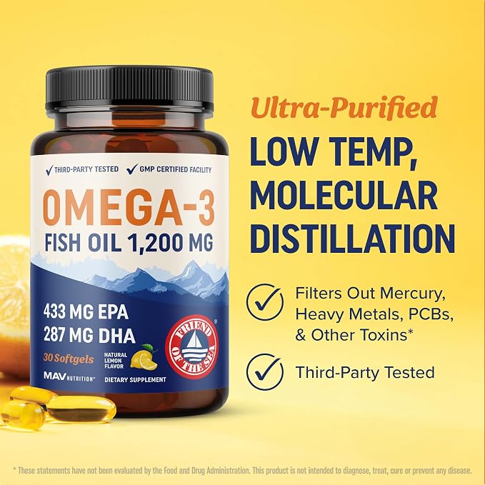 Triple Strength Omega 3 Fish Oil 1200 mg | EPA & DHA | Wild Caught, Sustainably Sourced Omega-3 Fatty Acids | Premium Burpless Fish Oil Supplements | Non-GMO, Third-Party Tested | 30 Softgels