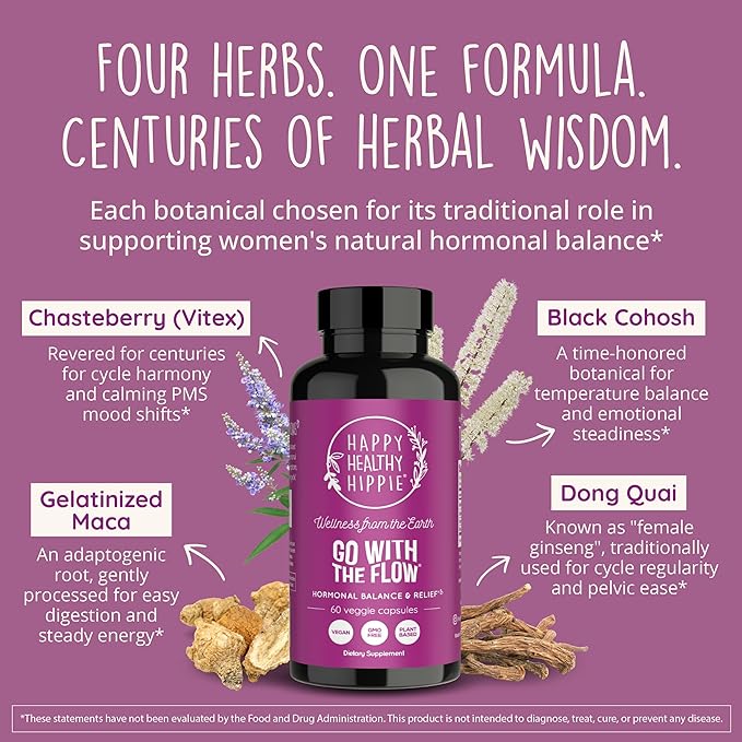 Happy Healthy Hippie Hormone Balance for Women — PMS Support & PMDD, Mood, Cycle Regularity — Chasteberry Supplements with Maca, Dong Quai, Black Cohosh — Vegan, Non-GMO, 60 Capsules