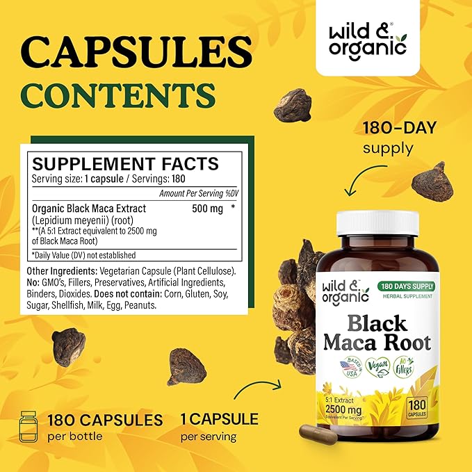Wild & Organic Black Maca Root Capsules for Men & Women 500 mg - Overall Support for Men & Women - Vegan Maca Powder Supplement - 180 Days Supply - Non-GMO, No Fillers, Gluten-Free - 180 Count