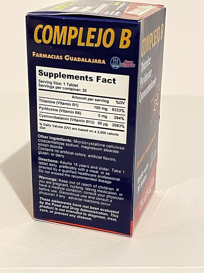 Complejo B (B-Complex) – Vitamin B1, B6, B12 Tablets – Dietary Supplement – 30 Tablets – 1 Month Supply