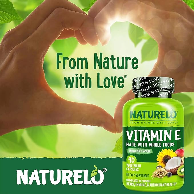 NATURELO Vitamin E Capsules 180 mg - 90 Vegan Capsules | Supports Skin, Hair, and Nails | Immune and Eye Health | Natural Mixed Tocopherols & Whole Foods | Non-GMO, Dry Vitamin E