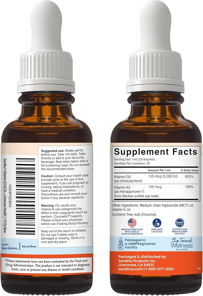 Sandhu's Vitamin D3 K2 Drops for Adults | 5000 IU D3 Liquid, 120mcg K2 Supplement 1 Fl Oz (Pack of 2) | D3K2 Supports Superior Absorption, Energy, Immune, Muscle Health for Men & Women