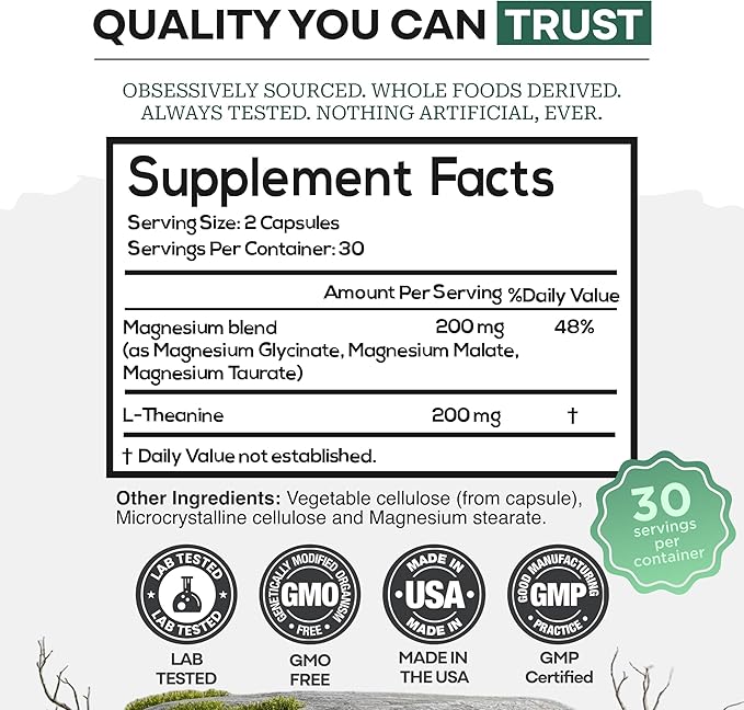 Wild Foods 3 in 1 Magnesium Glycinate L Theanine for Calm Sleep & Muscle Relaxation - Glycinate, Malate, Taurate - 100% Natural Magnesium Complex for Women and Men - 60 Capsules