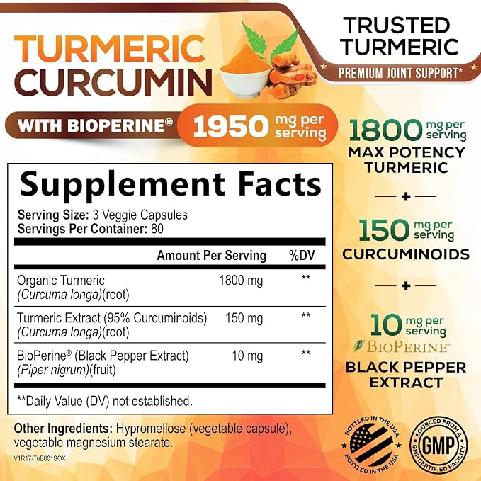 Turmeric Curcumin Supplement - 95% Curcuminoids with Organic Turmeric & BioPerine Black Pepper for Best Absorption - Daily Joint & Immune Health Support, Vegan, Non-GMO, Bottled in USA - 240 Capsules