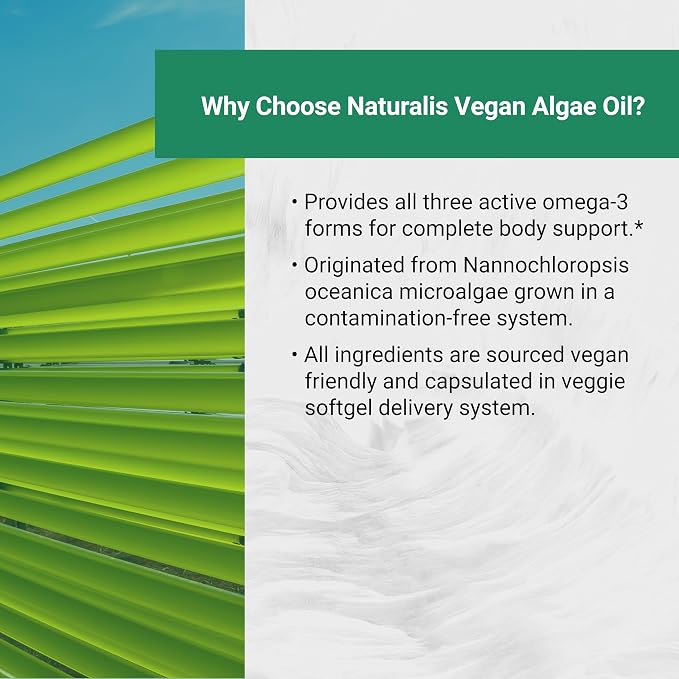 Naturalis Vegan Omega 3 DHA, EPA & DPA from Algae | Vegan Society Certified, Sustainably Sourced, True Full Spectrum | 60 Veggie Softgels (Carrageenan Free)