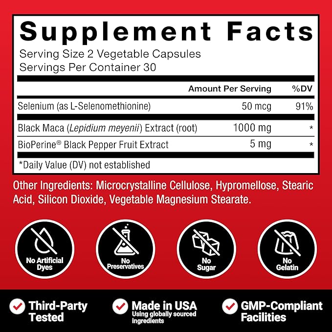 Force Factor Black Maca Root Vitality Supplement for Men with Superior Absorption and Power, Natural Maca Negra Extract, Fundamentals Series, 1000mg, 60 Capsules