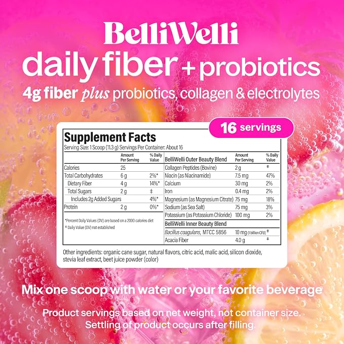 BelliWelli Fiber Supplement for Women & Men Premium Daily Fiber Powder from Organic Acacia with Added Collagen Electrolytes & Probiotics No Bloat Constipation & Gut Health Support(Strawberry Lemonade)