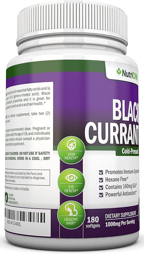 Black Currant Oil - 1000 Mg - 180 Softgels - Cold-Pressed Pure Black Currant Seed Oil - Hexane Free - 140mg GLA Per Serving - Regulates Hormonal Balance - Great For Immune System, Hair and Skin