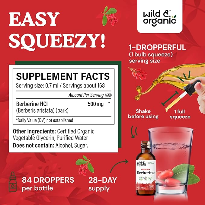 Wild & Organic Berberine Supplement 500mg - Antioxidant Support - HCL Berberine Liquid Drops - Add to Tea Tincture - Berberis Aristata Bark Extract - Vegan, Alcohol & Sugar-Free - 2 fl oz