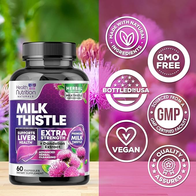 Milk Thistle Supplement - Liver Health Support with Dandelion Root & Silymarin Marianum, Liver Cleanse Detox & Repair - Nature's Milk Thistle Extract - 60 Capsules