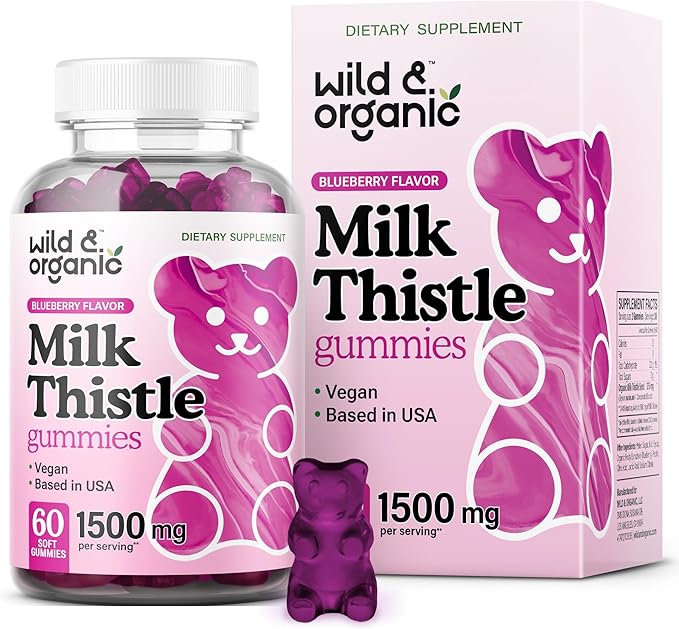 Wild & Organic Milk Thistle Gummies 1500 mg - Milk Thistle Supplement for Liver Cleanse Detox - Silymarin Liver Detox Gummies - 30 Days Supply - 60 Vegan, Non-GMO Chews