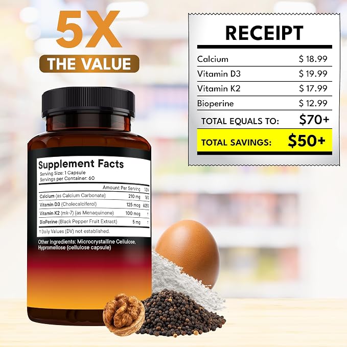 NEW AGE Vitamin D3 5,000 IU + K2 MK-7 100 mcg - 2-in-1 Bone, Immune & Heart Support, Easy to Swallow, Non-GMO - 120 Capsules