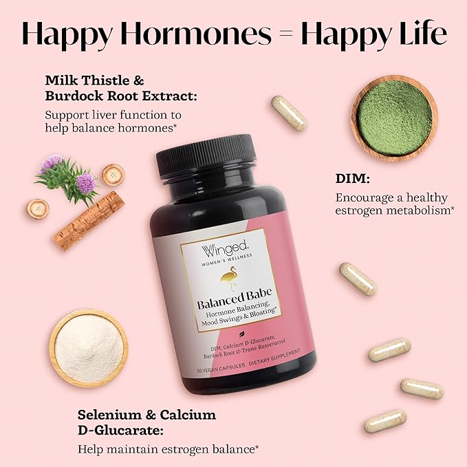 Winged Wellness Balanced Babe, Hormone Balance & Estrogen Detox Supplement for Women - 100mg DIM & Milk Thistle for PMS Bloating, Cramps, Mood, Hormonal Acne, & PCOS Support, 60 Capsules